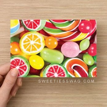 These 4" x 6" postcards are the perfect size for sending in the mail. They are made from premium cardstock and feature colorful candy treats.