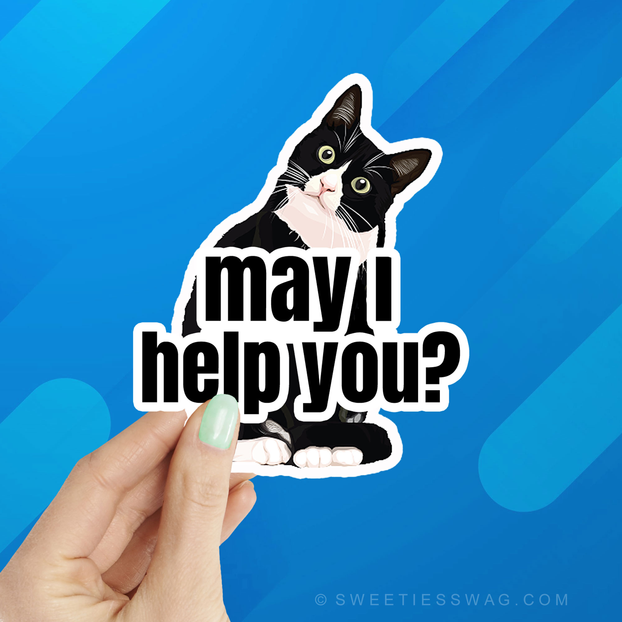 "May I Help You" TikTok Cat Laptop Bottle Sticker
