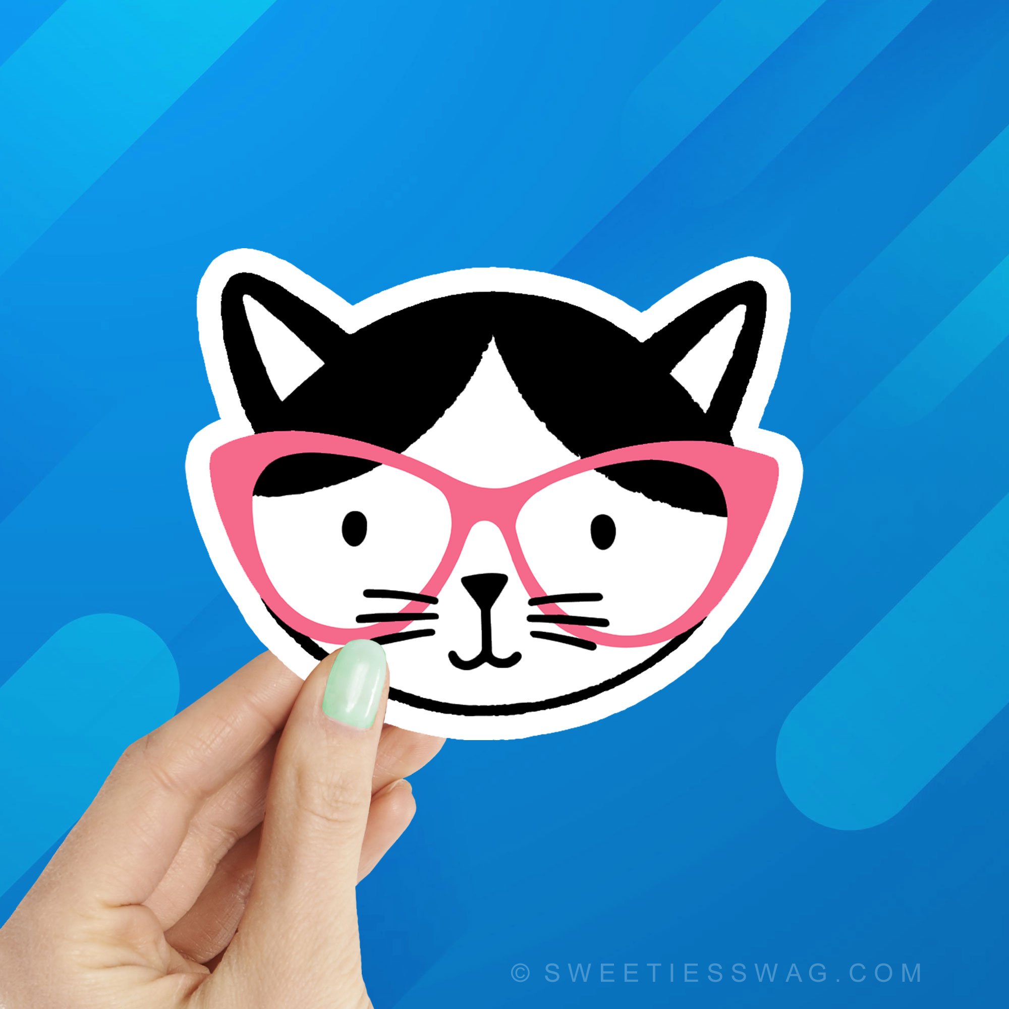 Cat with Pink Glasses Laptop Bottle Sticker